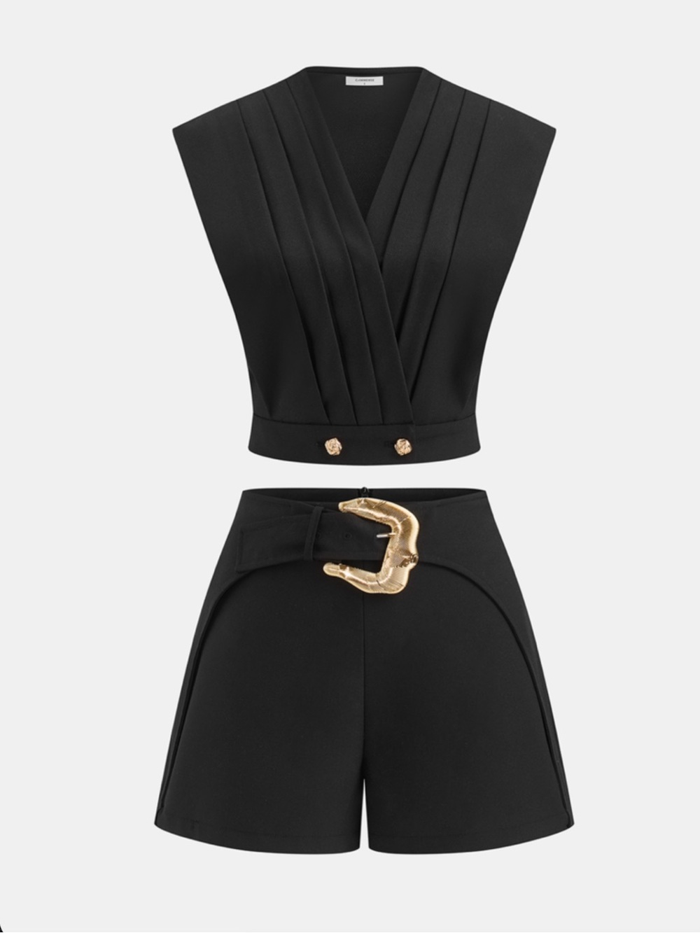 Commense Linen-Blend Pleated Top & Buckle Shorts Set in Black & Gold Size Medium